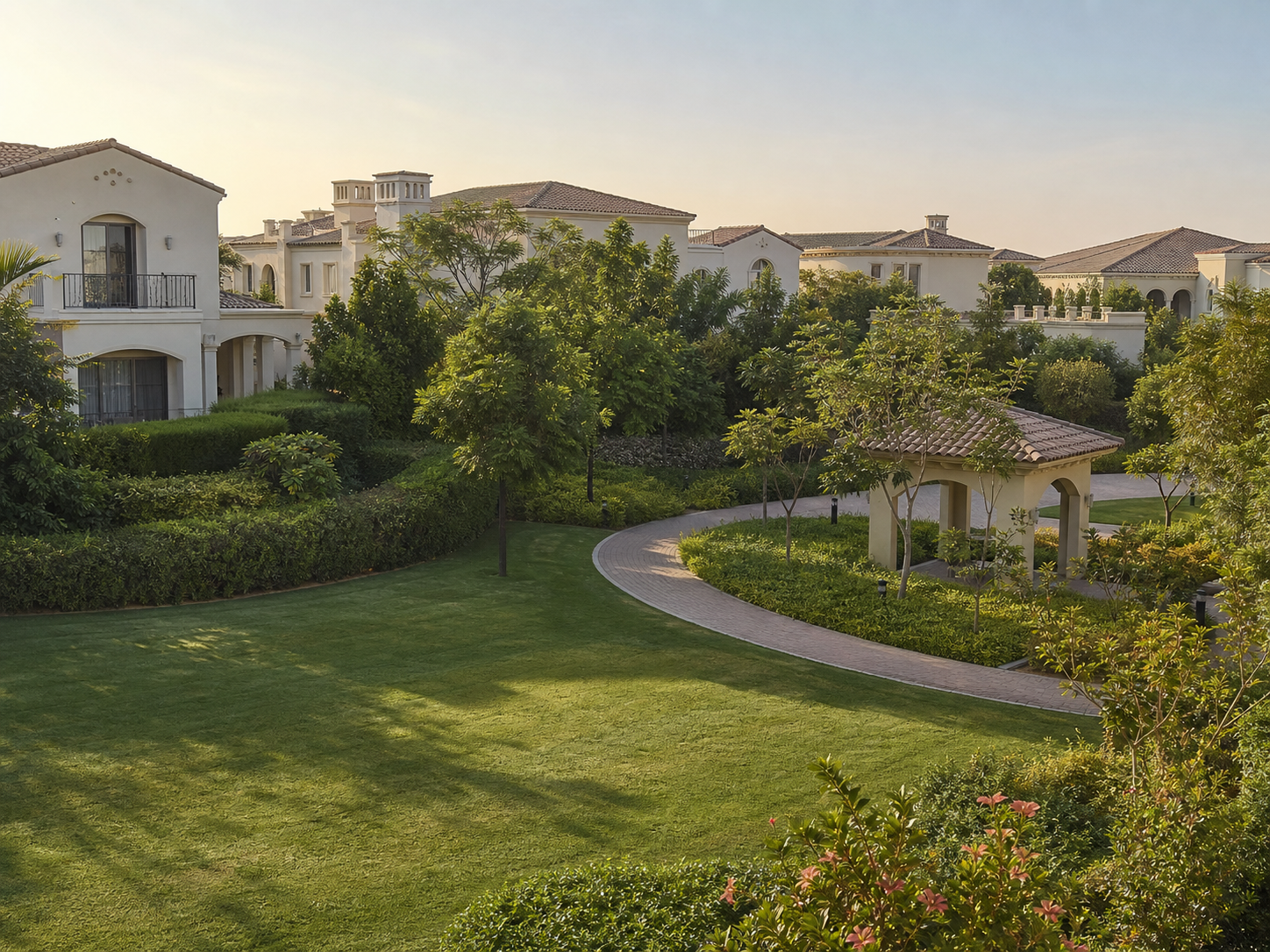Editorial impression of a mature landscaped residential green in an established Dubai villa community