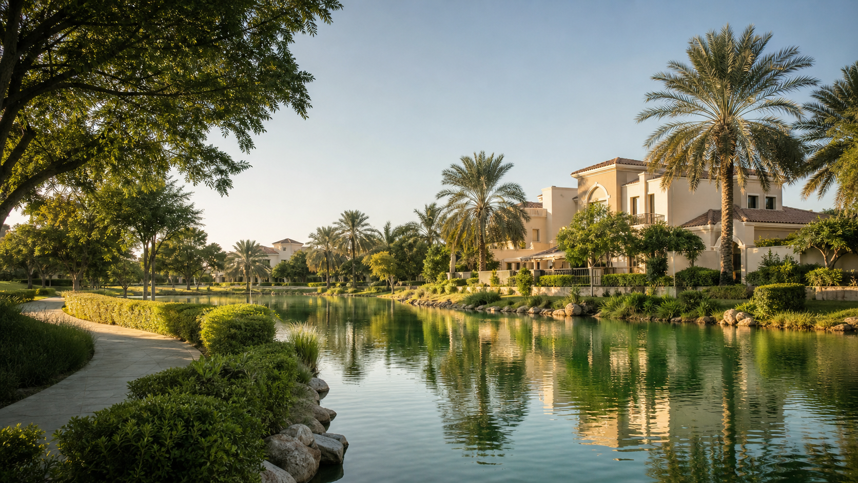 Editorial impression of lakefront villas and mature landscaping in an established Dubai villa community