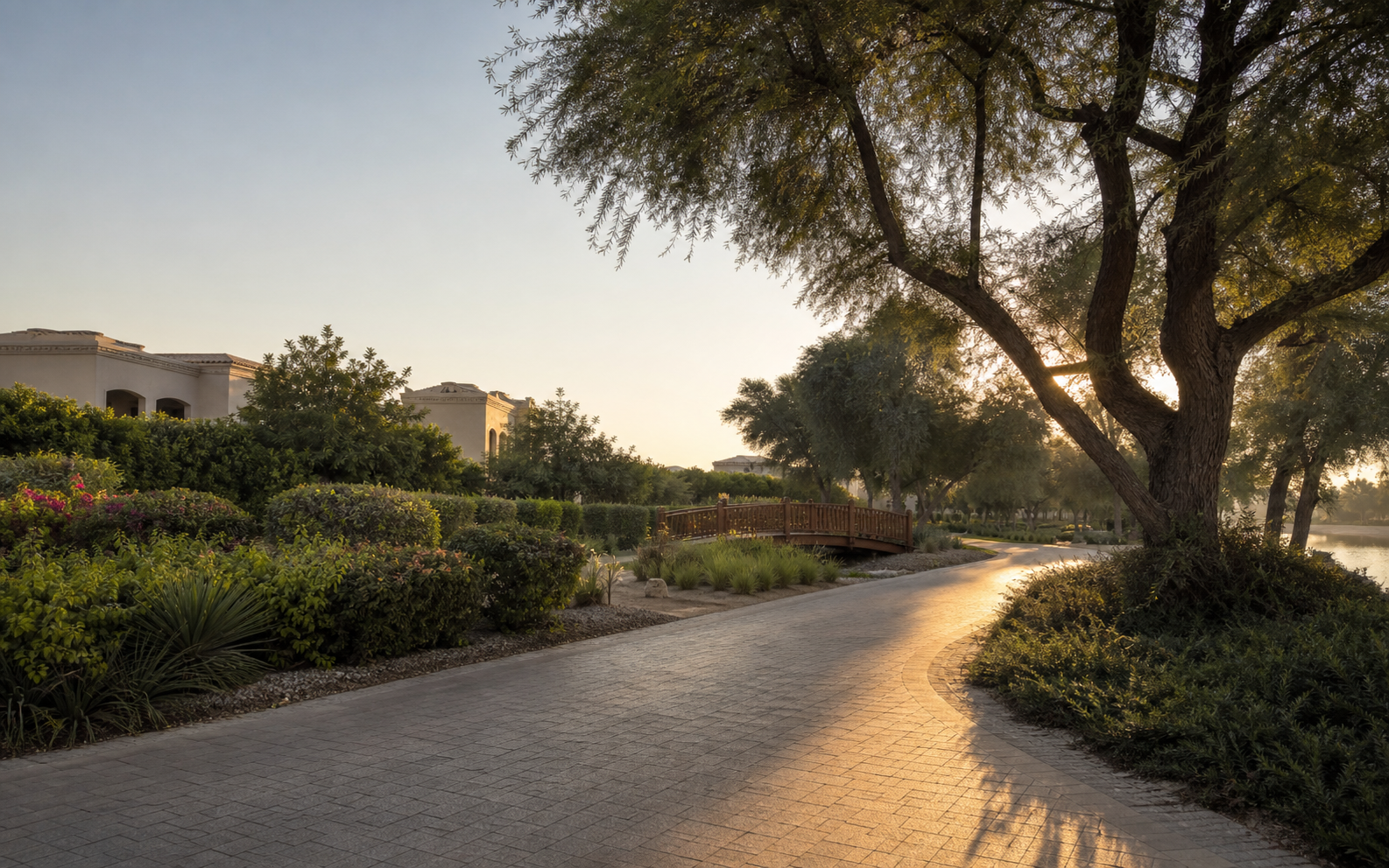 Editorial impression of a mature landscaped promenade in an established Dubai villa community
